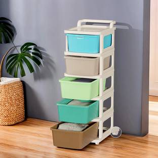 HOMESTIC 5 Layer Plastic Modular Storage Drawer Organizer with Wheels | Multicolor Plastic Free Standing Chest of Drawers