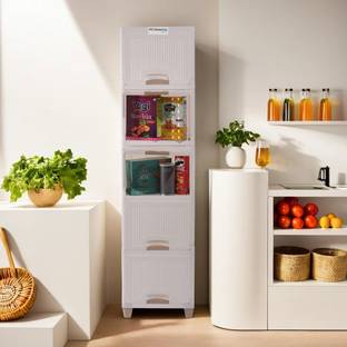 HOMESTIC by Kuber Industries 5 Units Multipurpose Folding Cabinet Storage Organizer | White Plastic Free Standing Cabinet