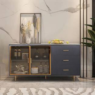 NG Decor Modern Sideboard Sintered Stone Top Luxury Buffet Tempered Glass Doors in Small Engineered Wood Free Standing Sideboard