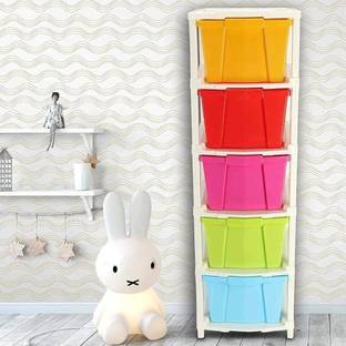 Young wolf 5 Layer Foldable Multipurpose Plastic Rectangular Modular Drawer Organizer Boxes Storage Rack Basket ( Extra Large Multi Color) , 30x39x86 cm Plastic Free Standing Cabinet