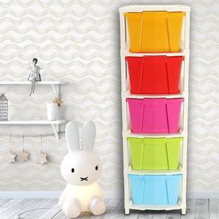 Young wolf 5 Layer Foldable Multipurpose Plastic Rectangular Modular Drawer Organizer Boxes Storage Rack Basket ( Extra Large Multi Color) , 30x39x86 cm Plastic Free Standing Cabinet