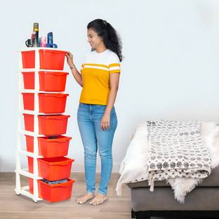 PARASNATH Boxo 7 Layer (Red) Multi-Purpose Modular Drawer Storage System for Home Plastic Free Standing Cabinet