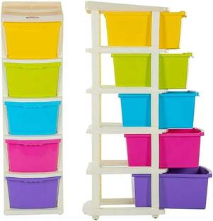 BAPUJI ENTERPRISE 5 Layer Plastic Modular Basket Drawer Chest Storage Rack System Large Stomo Multi Purpose chest of Trolley Foldable drawers Anti-Slip Shoes organizers Box (Multicolour, 5 layer drawer) Plastic Free Standing Chest of Drawers