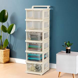 KUBER INDUSTRIES 6 Layer Plastic Modular Storage Drawer Organizer with Wheels | Transparent Ivory Plastic Free Standing Chest of Drawers