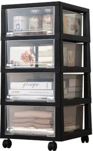KUBER INDUSTRIES 4 Layer Cosmetic Cabinet with Trolley|Shelf Stand With Drawer|Black Plastic Free Standing Cabinet