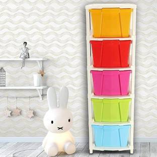 Young wolf 5 Layer Foldable Multipurpose Plastic Rectangular Modular Drawer Organizer Boxes Storage Rack Basket ( Extra Large Multi Color) , 30x39x86 cm Plastic Free Standing Cabinet