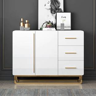 KDINTERIORS White Sideboard Nordic Buffet with Doors & Drawers & Adjustable Shelf in Small Engineered Wood Free Standing Sideboard