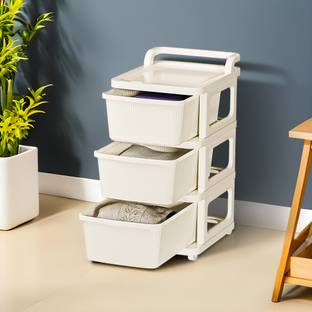 KUBER INDUSTRIES 3 Layer Plastic Modular Storage Drawer Organizer with Wheels | Ivory Plastic Free Standing Chest of Drawers