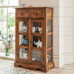 WOODSTAGE Sheesham Wood Cabinet Storage With 2 Glass Door & 2 Drawer For Home/Living Room Solid Wood Free Standing Chest of Drawers