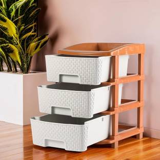 KUBER INDUSTRIES 3-Tier Multipurpose Plastic Drawers Storage Organizer | Brown & White Plastic Free Standing Chest of Drawers