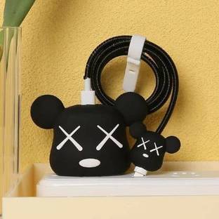 BinkSon 3D Black Bear Cartoon Design iPhone Charger Case For 18W/20W & Spiral Cover Cable Protector