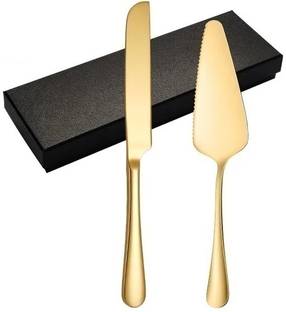 YUJASV 2 Pcs Of Golden Cake Cutting Knife and Server Set Pie Spatula For Wedding Gift Stainless Steel Cake Server
