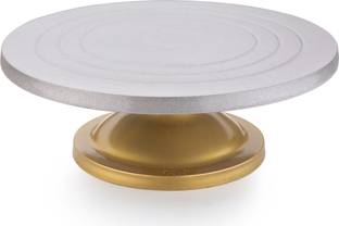 TEX-RO Cake Decorating and Icing Turntable / Serving Stand, Signature Edition 360° Smooth Rotating Cake Stand, Silver Top & Golden Bottom, 12 Inch (30 cm) Diameter Plastic Cake Server