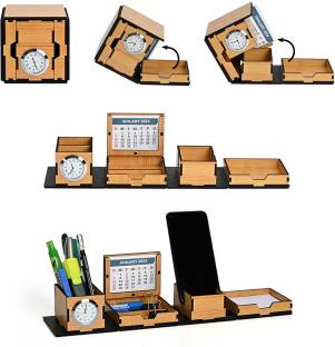 GIFT KYA DE 4 Compartments Foldable All in One Cube Box Office Desk Organizer With Clock and Mobile Stand / Portable Desk Organizer, Calendar for Office Desk, Personal Table