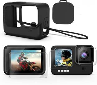 Hiffin HF Silicone Lanyard Sleeve Protective Cover + 3 PCS Tempered Glass Screen Guard with Silicone Lens Cover Compatible with Go Pro Hero 9 Black Action Camera Accessories (Black + Screen Guard)  Camera Bag