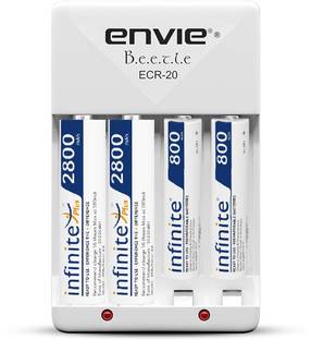 Envie High Speed Wall Plug Charger ECR 20 for AA & AAA Ni-mh/Ni-cd Rechargeable Batteries | 2000MA Output Current | with 2 xAA2800 & 2xAAA800 Rechargeable Batteries (ECR20 2800 800 2PL)  Camera Battery Charger