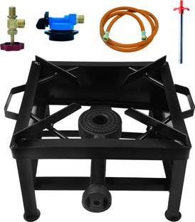 Cay MS Black Color Powder Coating Square Gas Bhatti/Stove with Fitted Brass Nut Hose Pipe, High Pressure Regulator and Valve (12Lx12Wx8H Inch, Black) Iron Manual Gas Stove