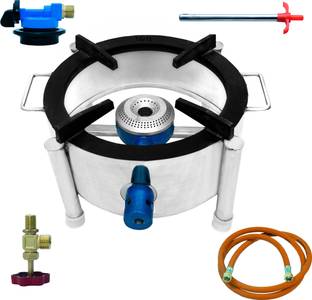 Cay Single Burner Commercial Round Gas Stove/Bhatti with Fitted Brass Nut Hose Pipe, High Pressure Regulator, Valve and Gas Lighter (12 L X 12 W X 8 H Inch, Silver) Stainless Steel Manual Gas Stove