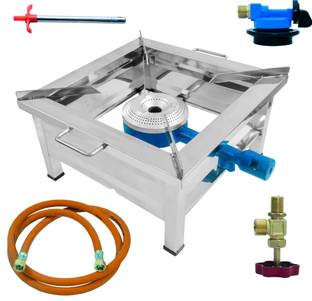 Cay Single Burner Stainless Steel Square Gas Stove/Bhatti with Fitted Brass Nut Hose Pipe, High Pressure Regulator, Valve and Gas Lighter (15 L X 15 W X 9 H Inch, Silver) Stainless Steel Manual Gas Stove