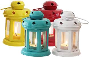 TIED RIBBONS Set of 4 Wall Hanging Lantern Tealight Holder and Tealight Candle for Home Decor Iron Tealight Holder Set