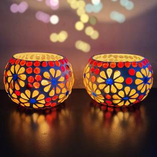 SKY TRENDS SKYTRENDS Set of 2 Mosaic Glass TeaLight Votive Candle Holder for Home Decor Glass 2 - Cup Tealight Holder