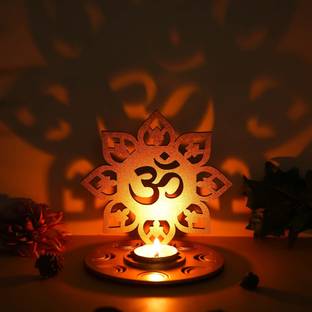 eCraftIndia One Golden Mdf Wooden Om Shadow Decorative Tea Light Candle Holder Diya Stand Wooden 1 - Cup Tealight Holder