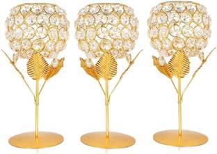 Grostar Crystal Flower 3 of set Gold Floral Gold Plated Brass Brass Candle Holder