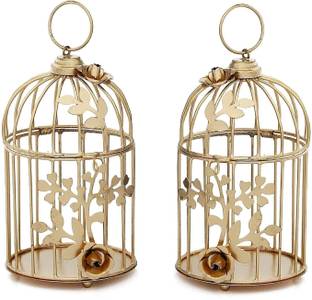 global carrat Gold Polished Metal Cage Tea Light Holder With Rose & Floral Design (Set of 2) Gold Plated 2 - Cup Tealight Holder