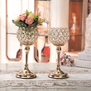 Urban Hamlet Set of 2 Crystal Beaded Metal Flower Vases | Elegant Gold Finish Table Decor Iron Tealight Holder Set