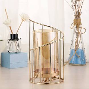 AZIZ UNIVERSAL Golden Geometric Pillar Telght Holder Decorative with Removable Glass Cover Gold Plated Tealight Holder