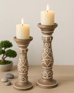 Homesake Wooden Pillar Candle Stand, Hand Crafted Wood Candle Holders Set Of 2 Wooden Candle Holder