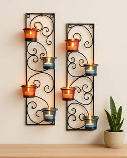 Homesake Wall Hanging Twisted Petals Tea Light Candle Diya Holders, Set of 2, Blue and Red Candle Holder Glass, Iron 8 - Cup Tealight Holder Set