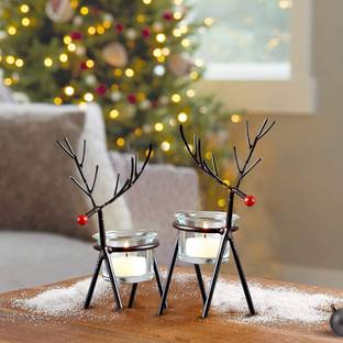 TIED RIBBONS Iron Reindeer Tealight Candle Holders for Home Decoration Leaving Room Diwali Glass 2 - Cup Tealight Holder Set