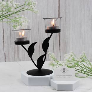 Hosley Metal Glass 2-Cup Centrepiece|Perfect for Home Decor, Tabletop Iron Tealight Holder