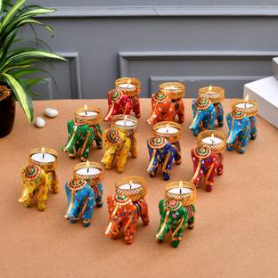 PRIDE STORE Elephant Candle Diya Home Decor Wooden 12 - Cup Tealight Holder Set