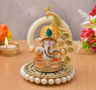 UNIQUE ART Diwali Diya with Ganesha Round Tealight Candle Holder Diwali Decoration Brass 1 - Cup Tealight Holder Set