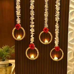 CraftVatika Red Rose Wall Hanging Candle Holder Latkan Toran Set | Diwali Decor (4 Pc) Resin 4 - Cup Tealight Holder