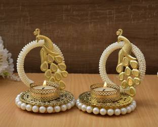 UNIQUE ART Diwali Diya with Ganesha Round Tealight Candle Holder Diwali Decoration Brass 2 - Cup Tealight Holder Set