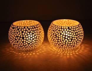 TIED RIBBONS Decorative Set Of 2 Tlight Candle Holder For Diwali Home Decoration Glass 2 - Cup Tealight Holder Set
