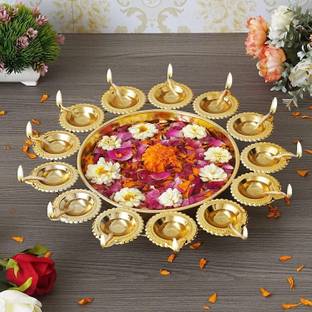 DecorHouse Premium Shine Urli Bowl Diya Shape Flower Diya Candle Thali Iron 12 - Cup Candle Holder Set