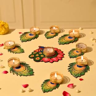 Raptech Peacock Feather Design Rangoli Tealight Candle Holders | Diwali Decoration Home Wooden 9 - Cup Tealight Holder Set