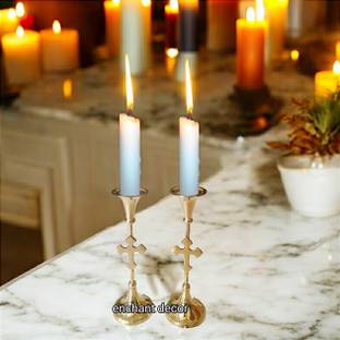 Asha Enchant Decor Christmas Candle Holder with Jesus Cross Table Top Home Decoration Gifting Brass Tealight Holder Set
