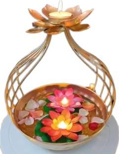 AYEZA HANDICRAFTS Decorative Golden Metal Lotus Diya Bowl Stand for Home Temple Decor Iron 1 - Cup Tealight Holder