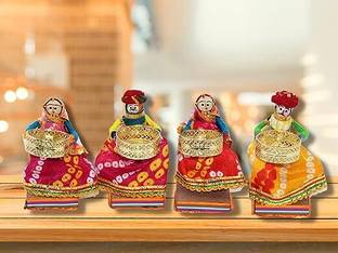 arvind's Handmade Rajasthani Home Decor Puppets Idol Show Pieces for Home Decor Wooden 4 - Cup Tealight Holder Set