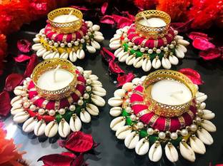 thriftkart Heavy Design Handmade Decorative Diya T Light Candle Holder (Pack of 4) Brass Tealight Holder Set