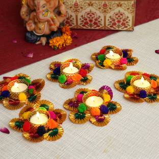 TIED RIBBONS Set of 6 Decorative Artificial Flowers Diya Tealight Candle Holder with Tealights for Home Office Pooja Room Temple Diwali Rangoli Christmas Decoration Item Brass, Cotton 6 - Cup Tealight Holder Set