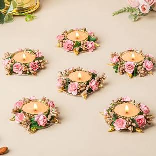 TGS Decorative Pink Flower Tealight Candle Holder Set for Diwali Home Decoration Steel 6 - Cup Tealight Holder