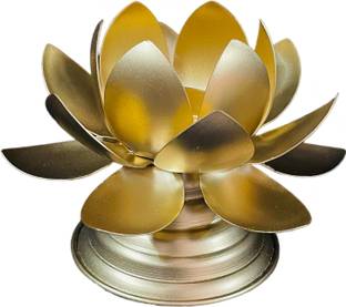 TushSweeti Metal Candle Stand Lotus Tea Light Holder Diwali Christmas Temple Decor Diya Gold Plated 3 - Cup Candle Holder