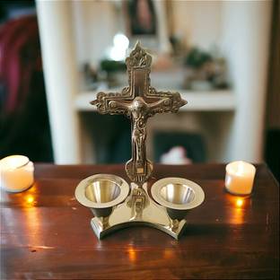 Asha Enchant Decor Jesus Cross with 2 Candle Holder Home Decorative Item Brass Candle Holder