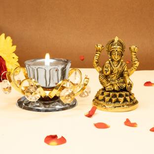 Ekhasa 100% Pure Brass Lakshmi Devi Idol & Tealight Candle Holder | (Combo Set) Brass, Iron Tealight Holder